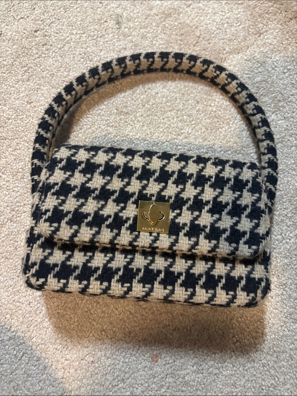 Anine Bing Mini Nico Black and Cream Houndstooth Top-Handle Shoulder Bag